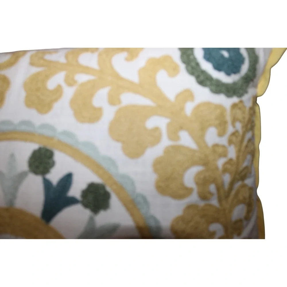 Embroidered‎ Lumbar Pillow Home 20x13 White Green Yellow Medallion Boho
